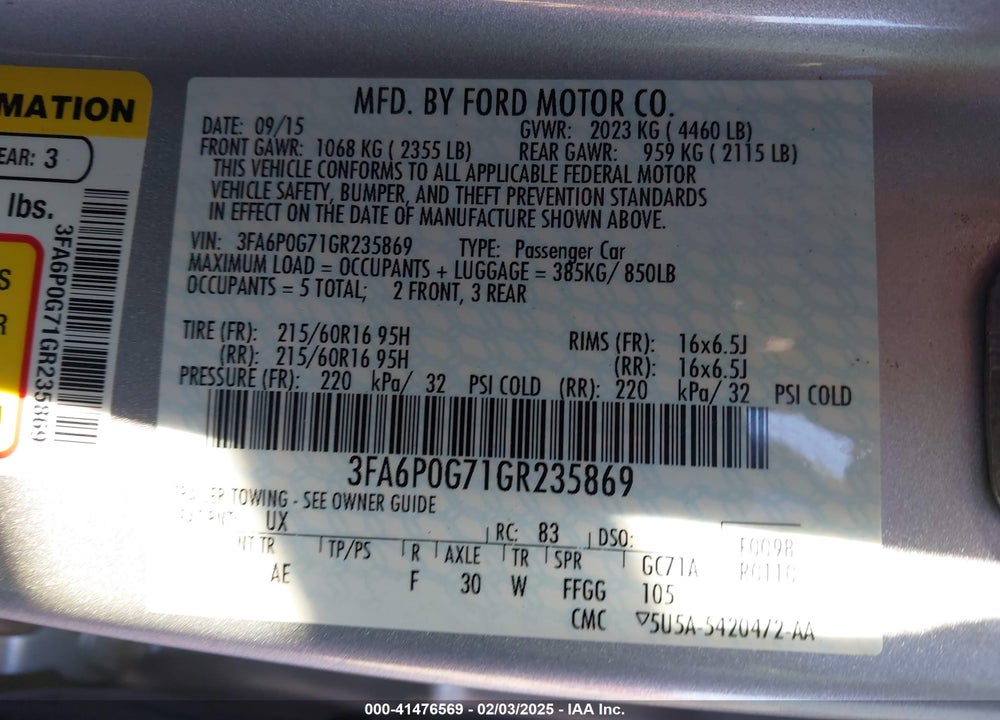 2016 FORD FUSION VIN: 3FA6P0G71GR235869