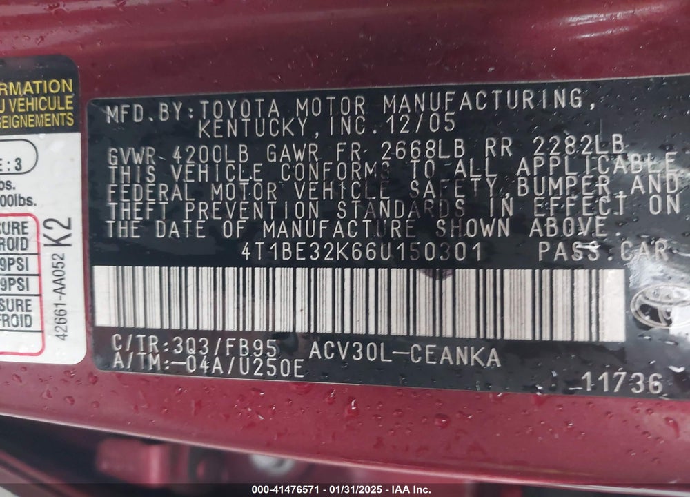 2006 TOYOTA CAMRY VIN: 4T1BE32K66U150301