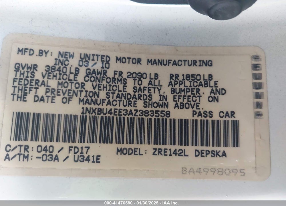 2010 TOYOTA COROLLA S VIN: 1NXBU4EE3AZ383558