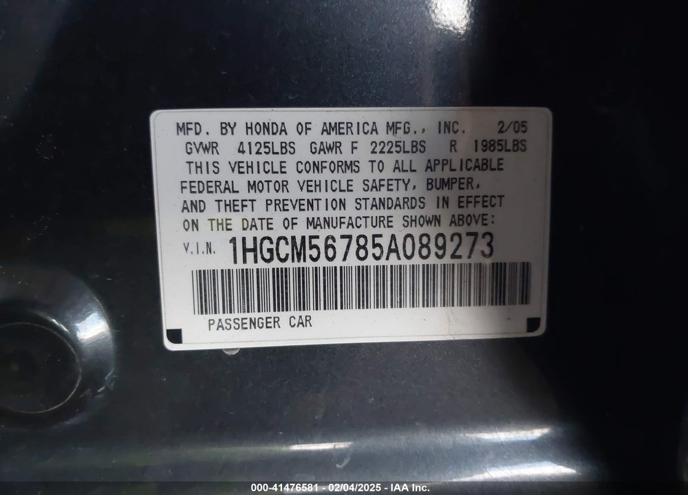 2005 HONDA ACCORD 2.4 EX VIN: 1HGCM56785A089273