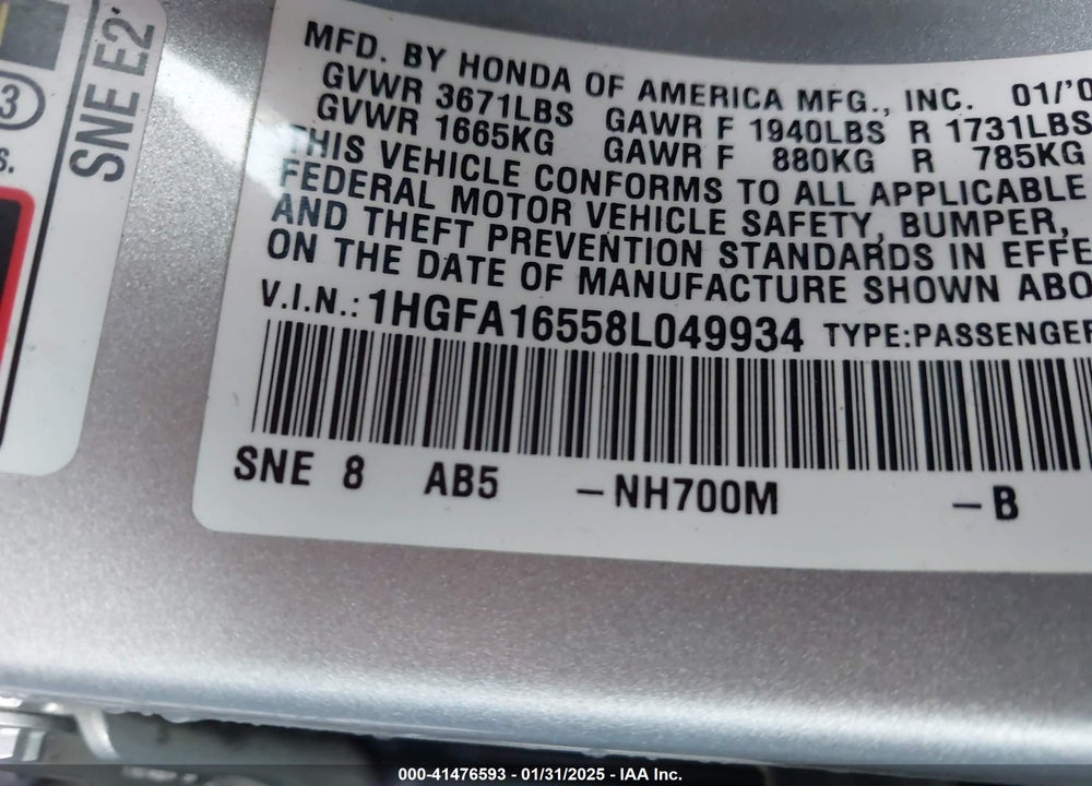 2008 HONDA CIVIC LX VIN: 1HGFA16558L049934