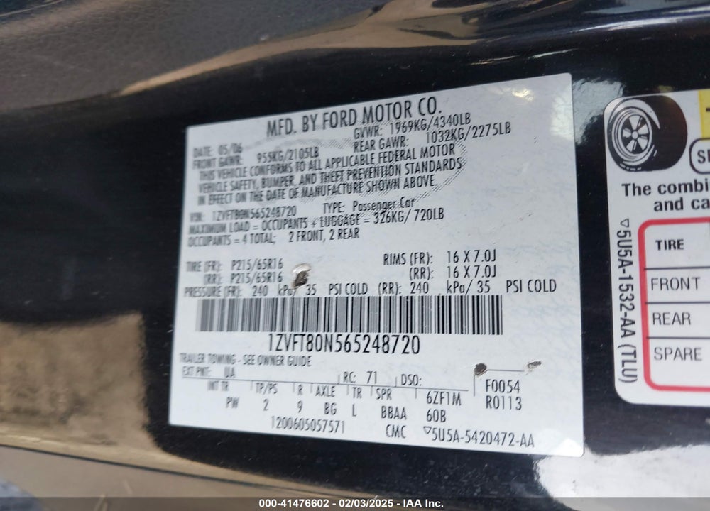 2006 FORD MUSTANG V6 VIN: 1ZVFT80N565248720