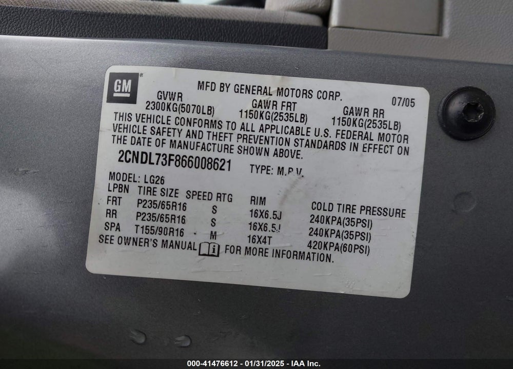 2006 CHEVROLET EQUINOX LT VIN: 2CNDL73F866008621