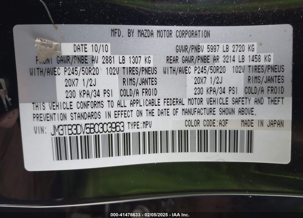 2011 MAZDA CX-9 VIN: JM3TB3DV5B0303963