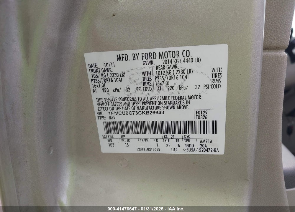 2012 FORD ESCAPE XLS VIN: 1FMCU0C73CKB26643