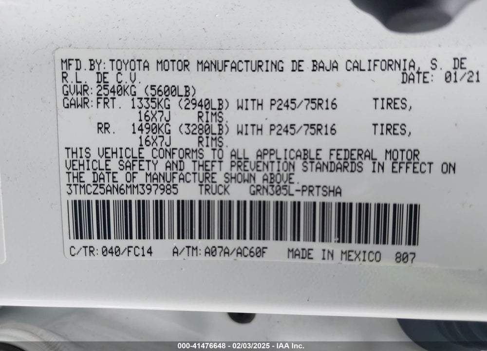 2021 TOYOTA TACOMA VIN: 3TMCZ5AN6MM397985