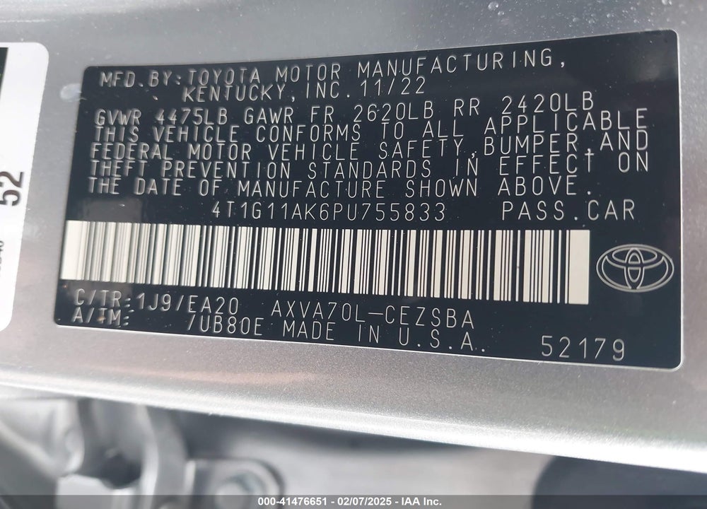 2023 TOYOTA CAMRY VIN: 4T1G11AK6PU755833
