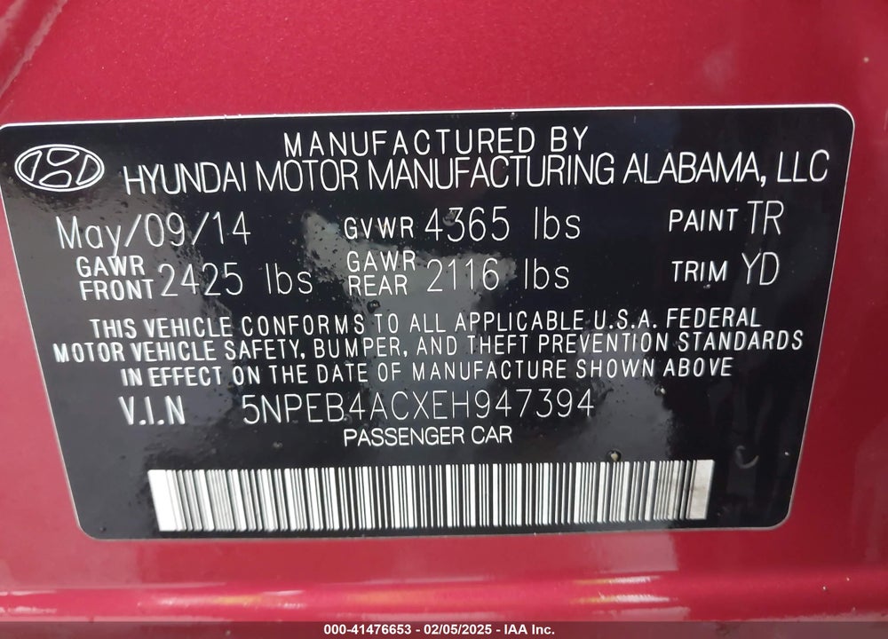 2014 HYUNDAI SONATA VIN: 5NPEB4ACXEH947394