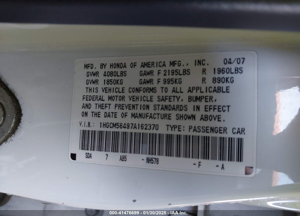2007 HONDA ACCORD VIN: 1HGCM56497A162370