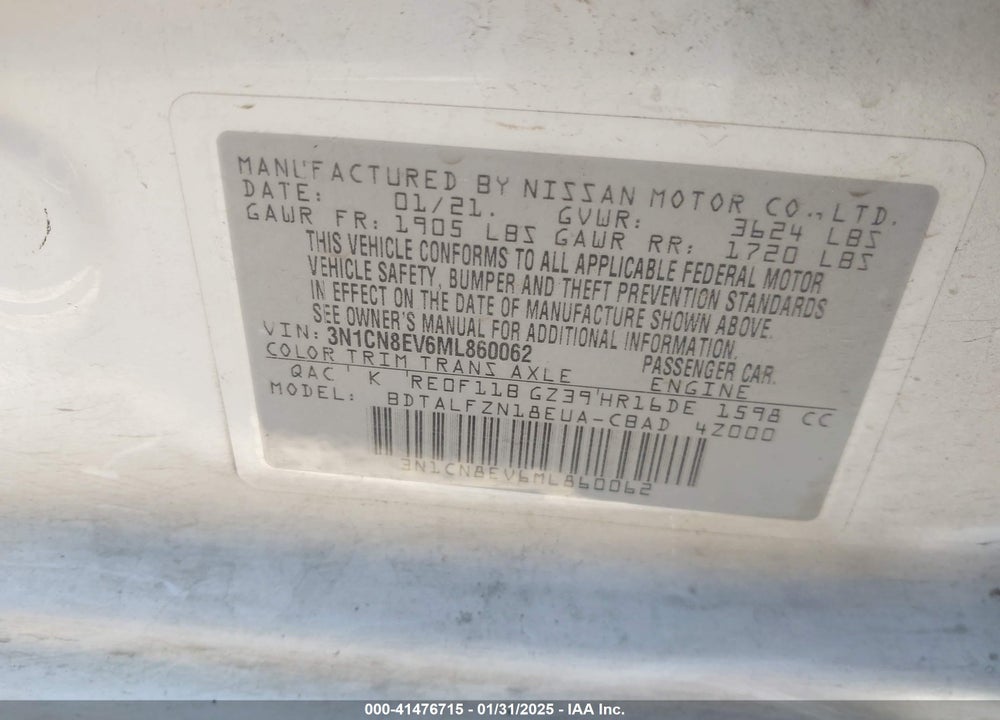 2021 NISSAN VERSA SV XTRONIC CVT VIN: 3N1CN8EV6ML860062
