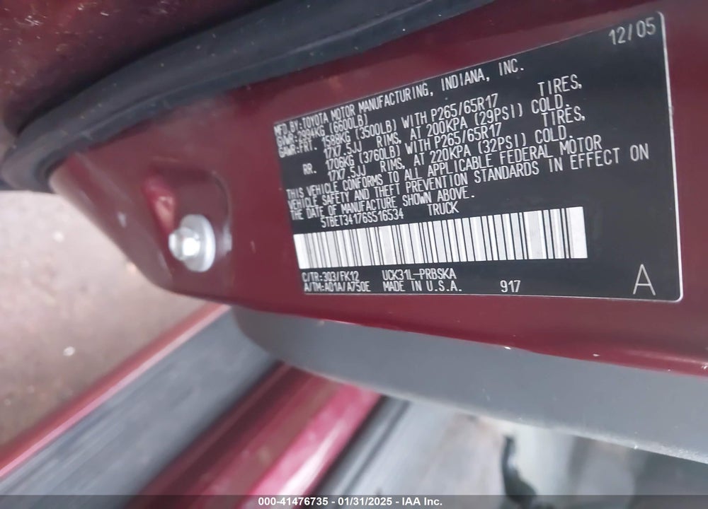 2006 TOYOTA TUNDRA SR5 V8 VIN: 5TBET34176S516534