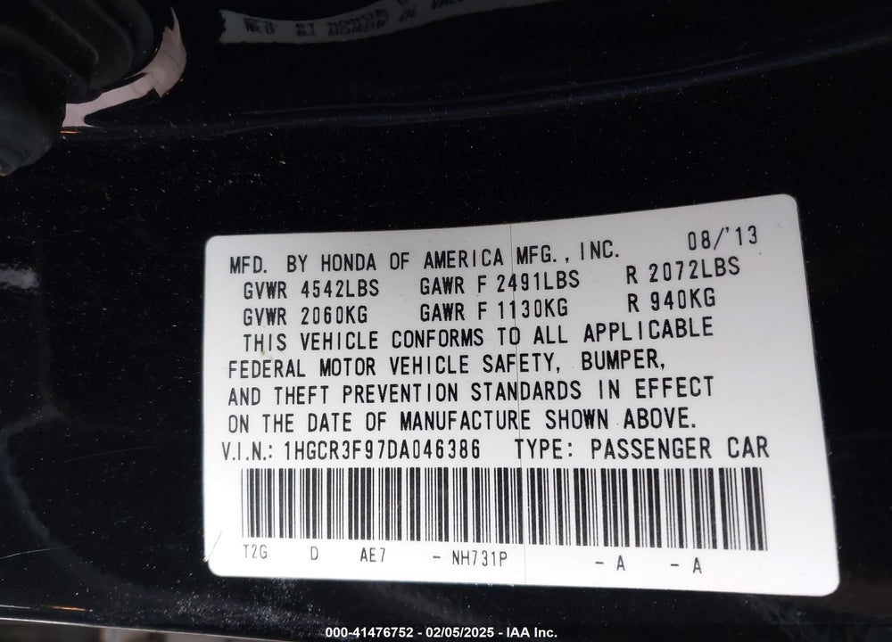 2013 HONDA ACCORD TOURING VIN: 1HGCR3F97DA046386
