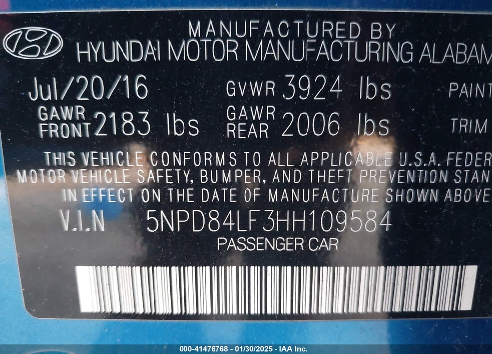 2017 HYUNDAI ELANTRA VIN: 5NPD84LF3HH109584