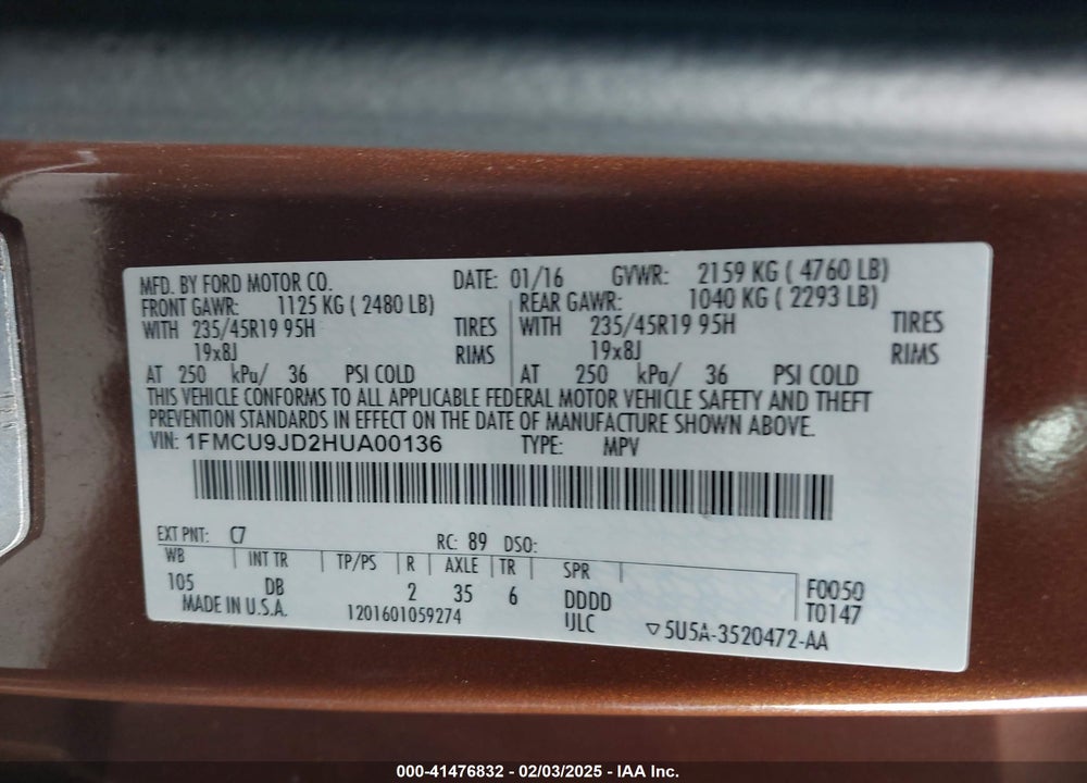 2017 FORD ESCAPE VIN: 1FMCU9JD2HUA00136