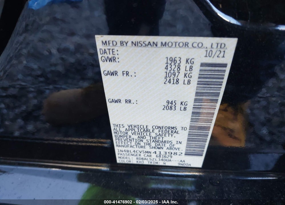 2021 NISSAN ALTIMA VIN: 1N4BL4CV5MN413982