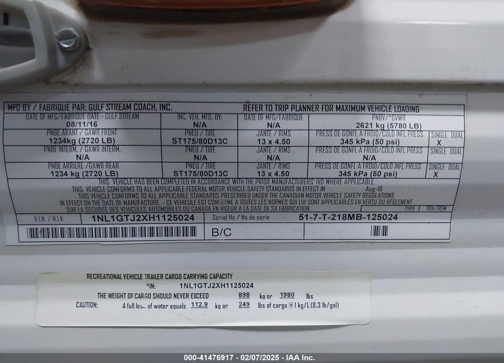 2017 GULF STREAM AMERI-LITE 218MB VIN: 1NL1GTJ2XH1125024