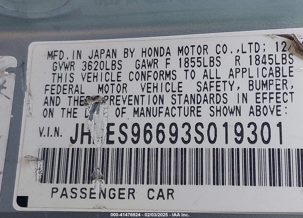 2003 HONDA CIVIC HYBRID VIN: JHMES96693S019301