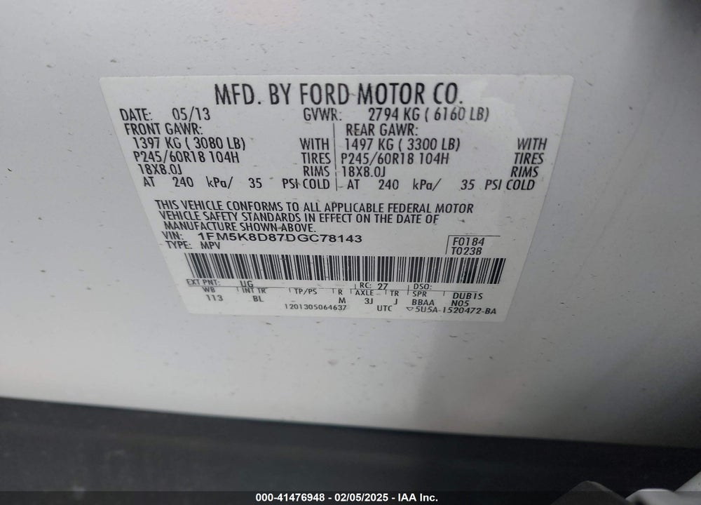2013 FORD EXPLORER XLT VIN: 1FM5K8D87DGC78143