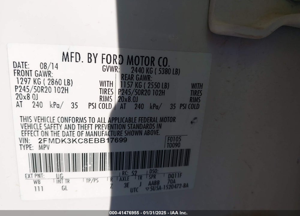 2014 FORD EDGE VIN: 2FMDK3KC8EBB17699