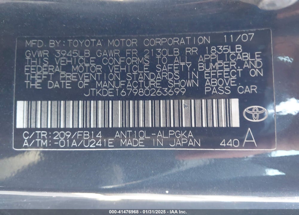 2008 SCION TC VIN: JTKDE167980263699