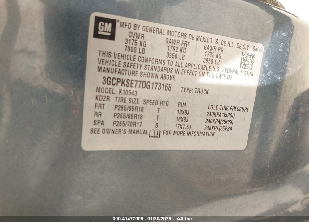 2013 CHEVROLET SILVERADO 1500 VIN: 3GCPKSE77DG173168