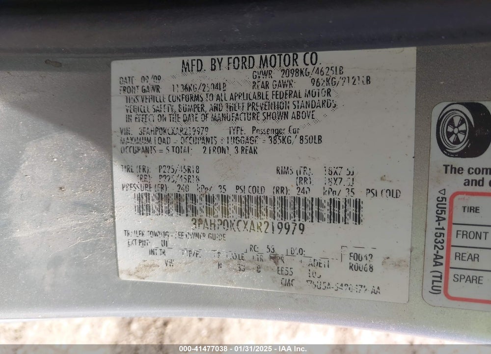 2010 FORD FUSION VIN: 3FAHP0KCXAR219979