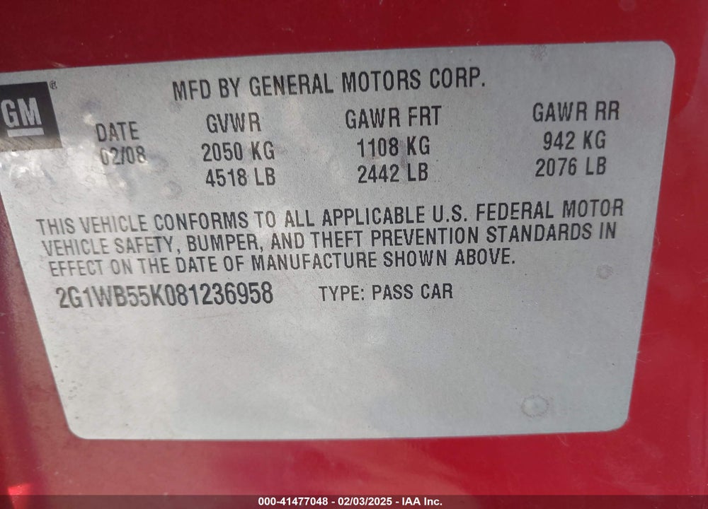 2008 CHEVROLET IMPALA LS VIN: 2G1WB55K081236958