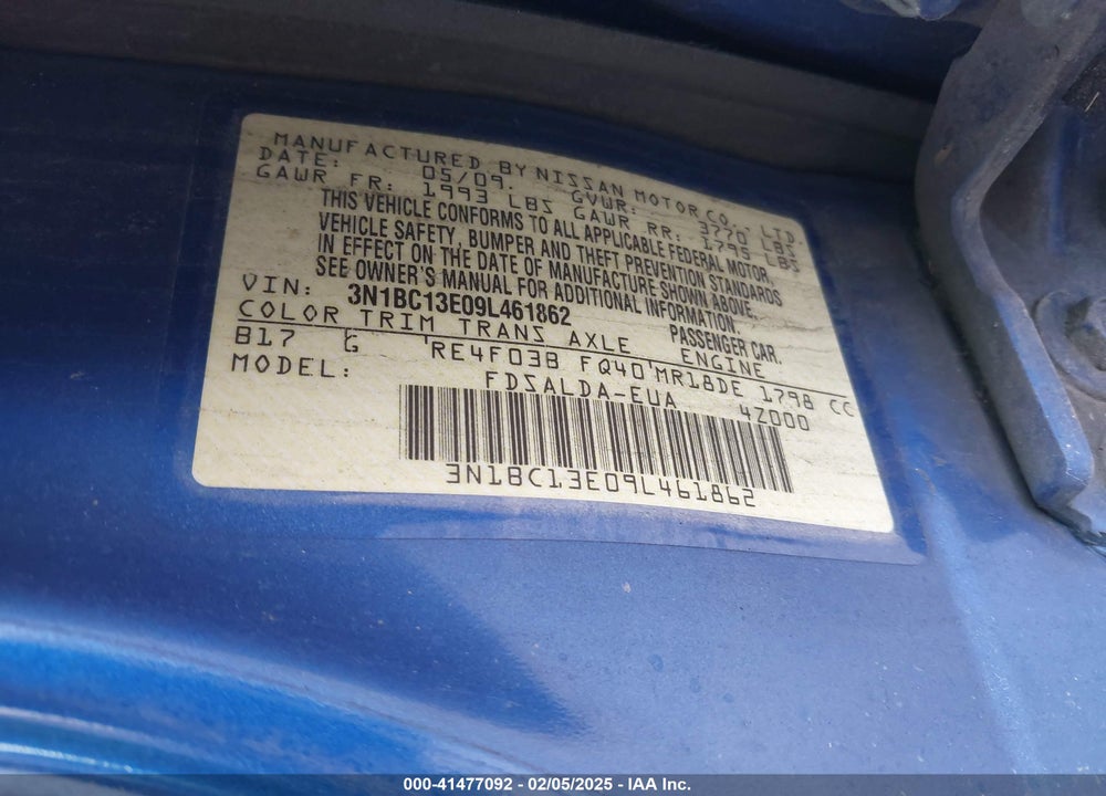 2009 NISSAN VERSA 1.8S VIN: 3N1BC13E09L461862
