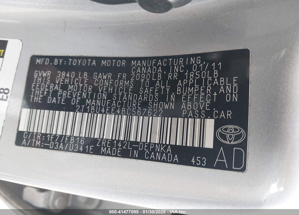2011 TOYOTA COROLLA VIN: 2T1BU4EE4BC567622