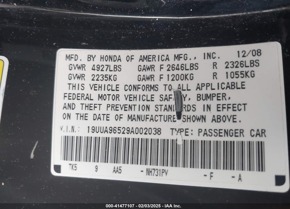 2009 ACURA TL VIN: 19UUA96529A002038