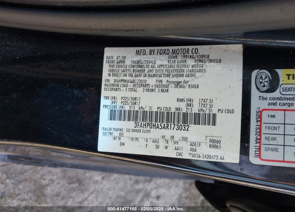 2010 FORD FUSION VIN: 3FAHP0HA5AR173032
