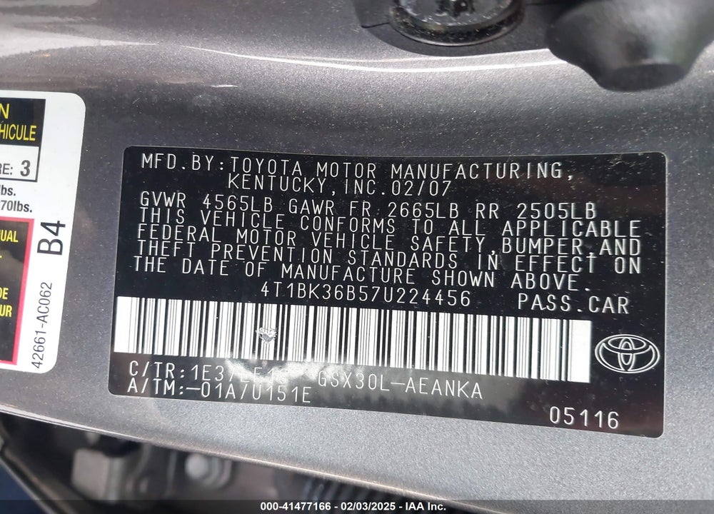 2007 TOYOTA AVALON TOURING VIN: 4T1BK36B57U224456