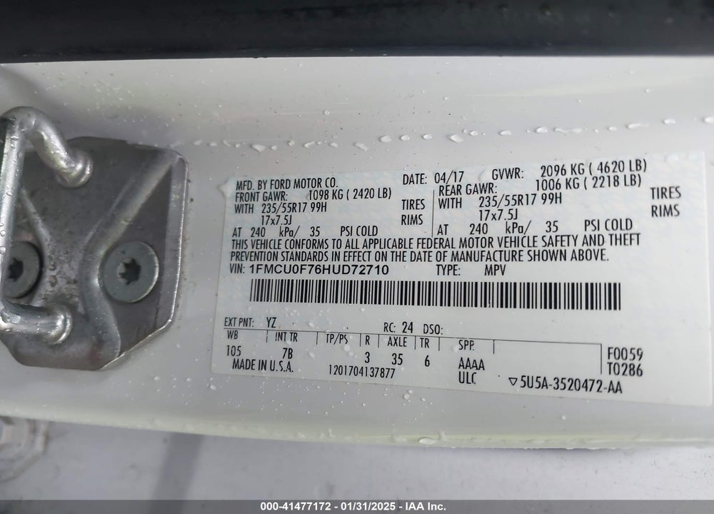 2017 FORD ESCAPE S VIN: 1FMCU0F76HUD72710