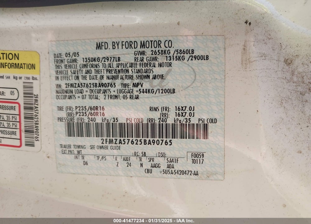 2005 FORD FREESTAR SES VIN: 2FMZA57625BA90765