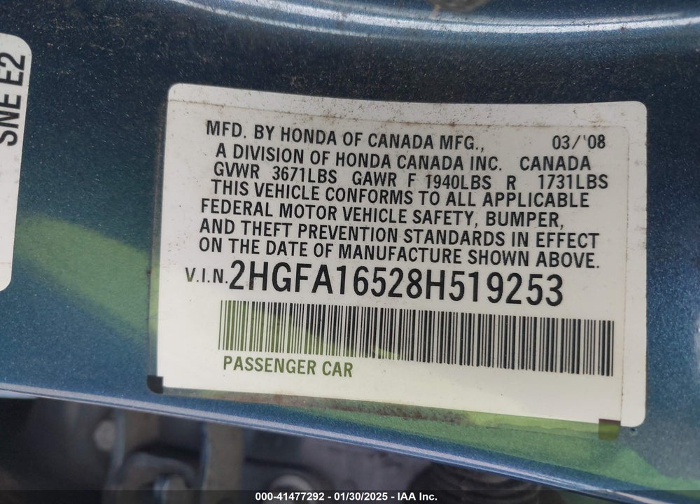 2008 HONDA CIVIC LX VIN: 2HGFA16528H519253