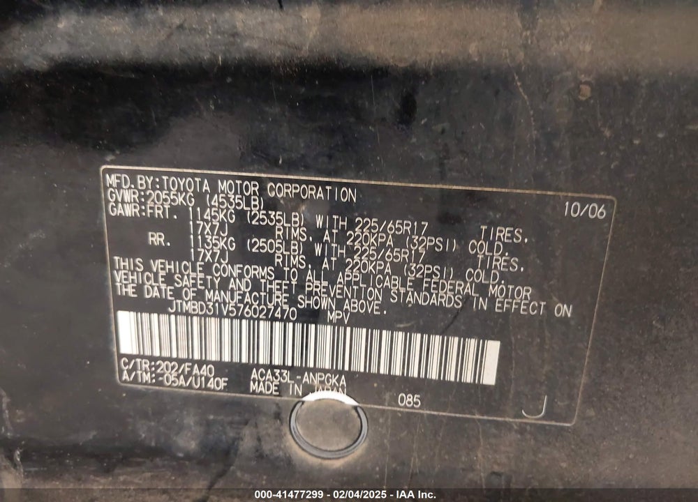 2007 TOYOTA RAV4 VIN: JTMBD31V576027470