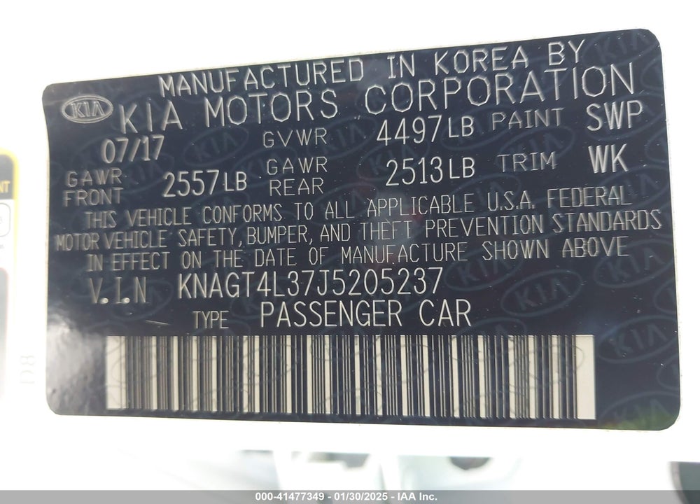 2018 KIA OPTIMA VIN: KNAGT4L37J5205237