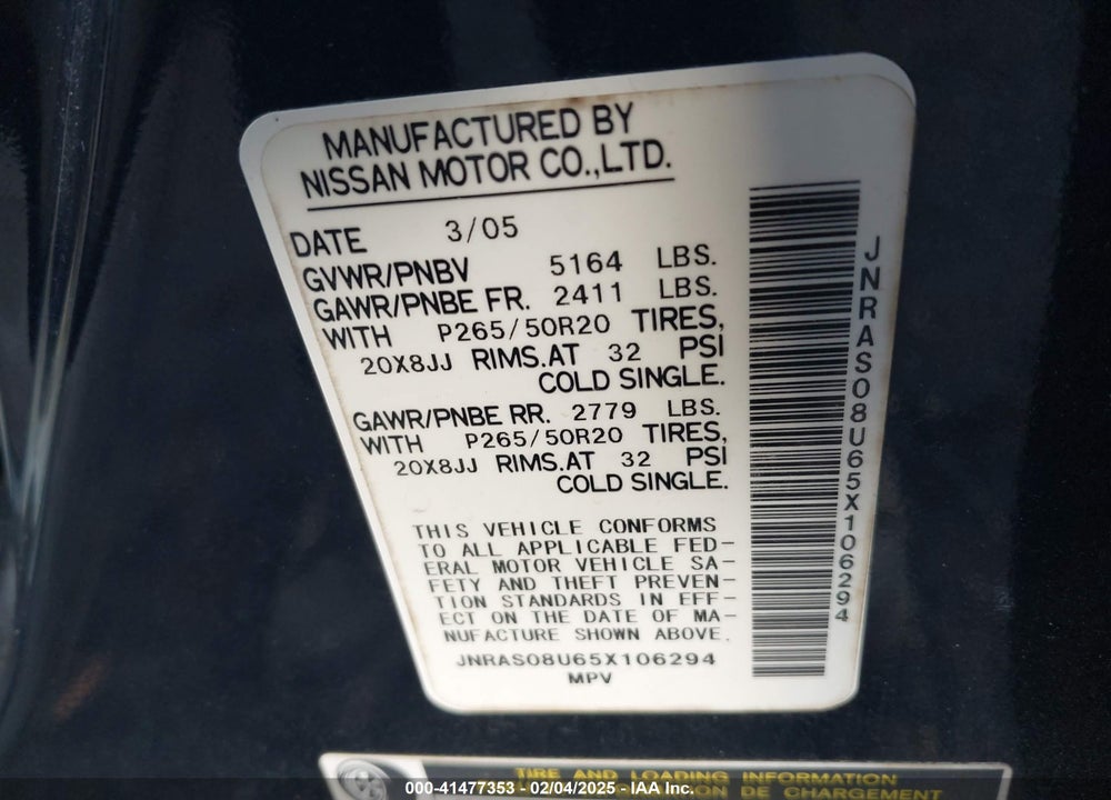 2005 INFINITI FX35 VIN: JNRAS08U65X106294