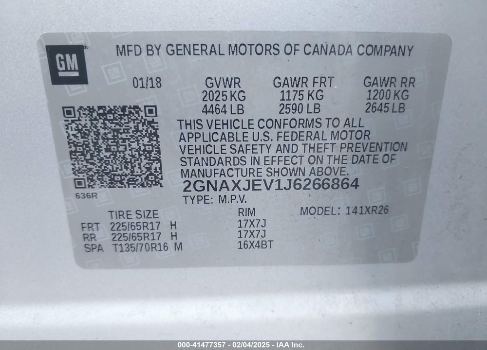 2018 CHEVROLET EQUINOX LT VIN: 2GNAXJEV1J6266864