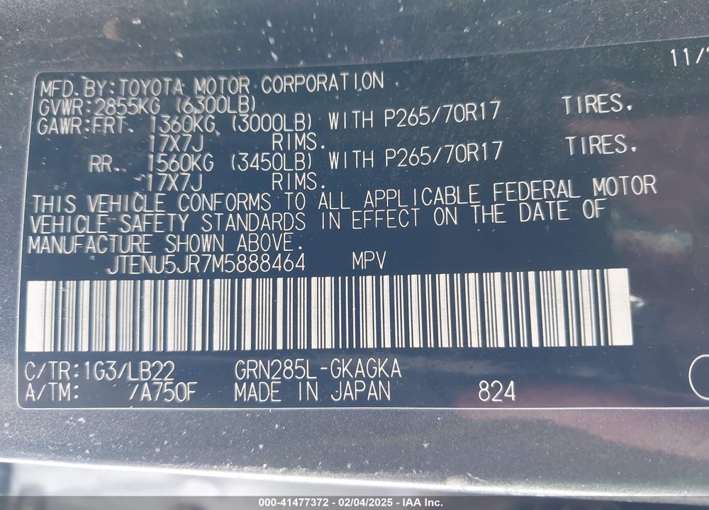 2021 TOYOTA 4RUNNER SR5 PREMIUM VIN: JTENU5JR7M5888464