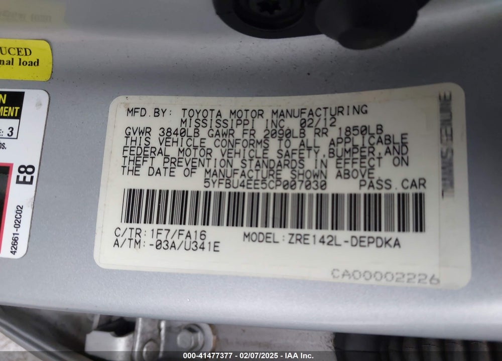 2012 TOYOTA COROLLA VIN: 5YFBU4EE5CP007030