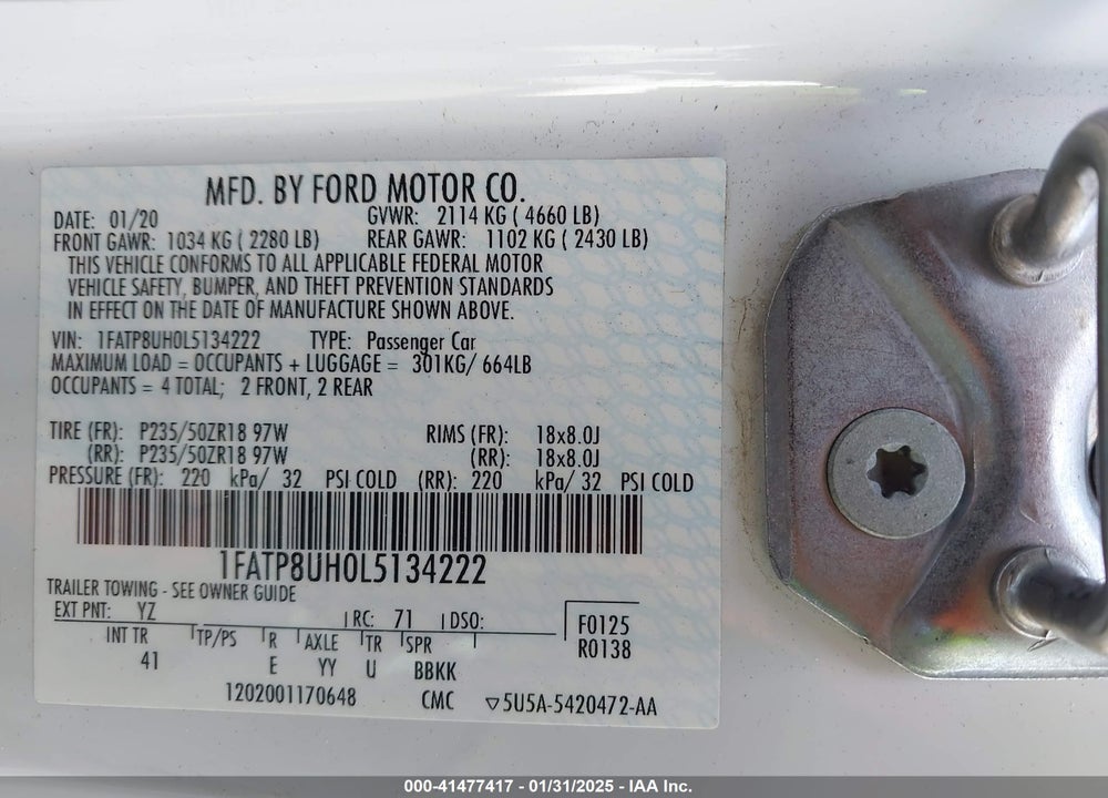 2020 FORD MUSTANG VIN: 1FATP8UH0L5134222