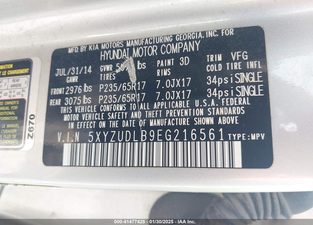 2014 HYUNDAI SANTA FE SPORT 2.4L VIN: 5XYZUDLB9EG216561