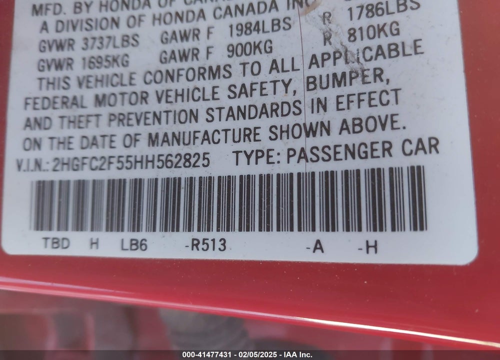 2017 HONDA CIVIC VIN: 2HGFC2F55HH562825