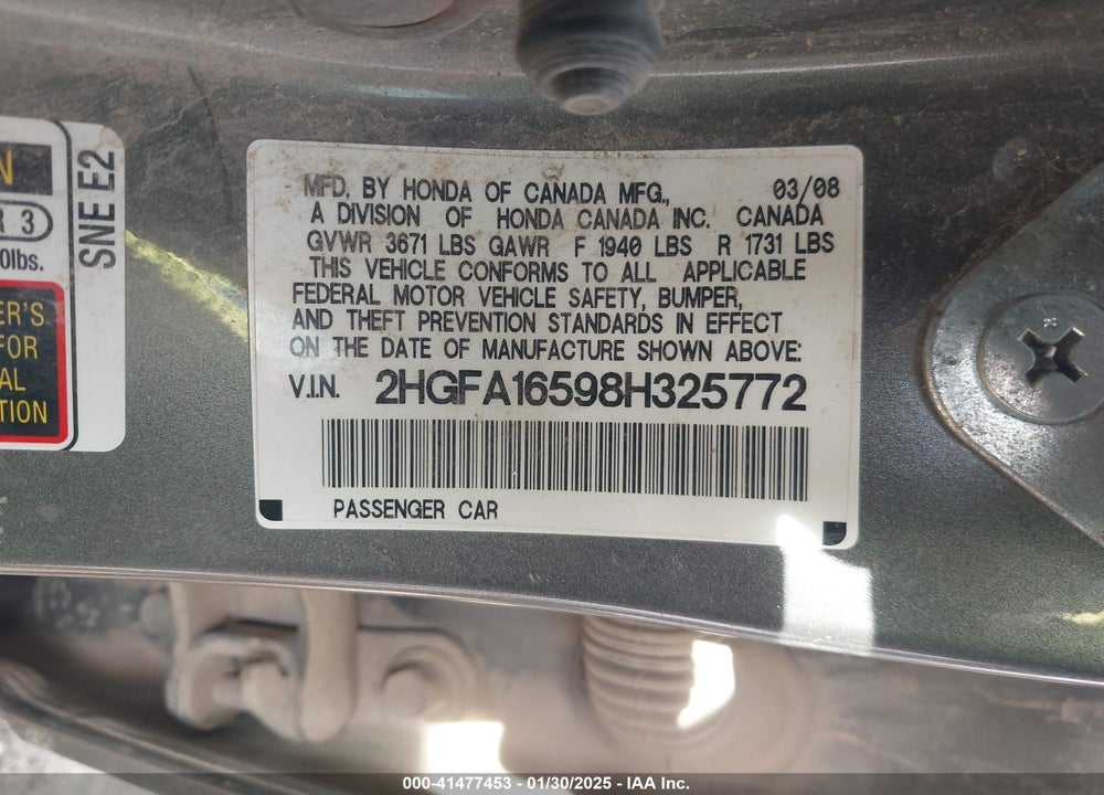 2008 HONDA CIVIC LX VIN: 2HGFA16598H325772