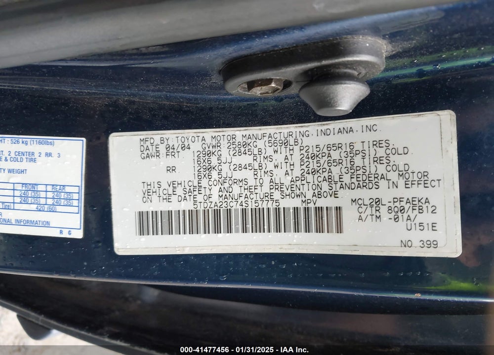 2004 TOYOTA SIENNA LE VIN: 5TDZA23C74S157775