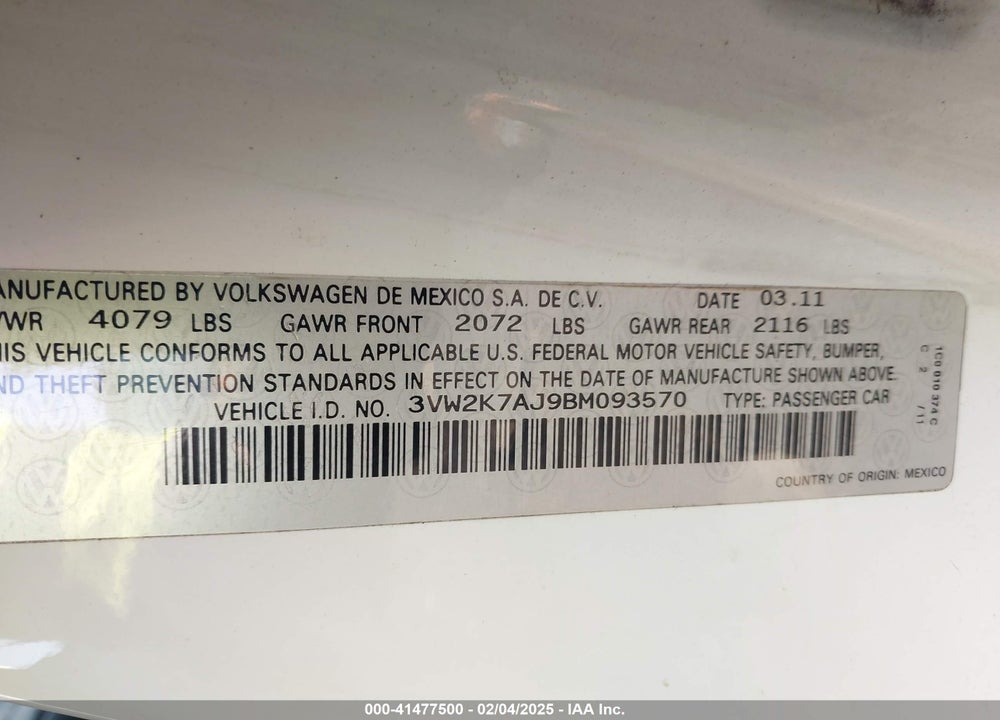 2011 VOLKSWAGEN JETTA 2.0L S VIN: 3VW2K7AJ9BM093570