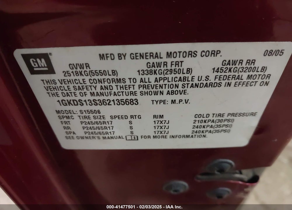 2006 GMC ENVOY VIN: 1GKDS13S362135683