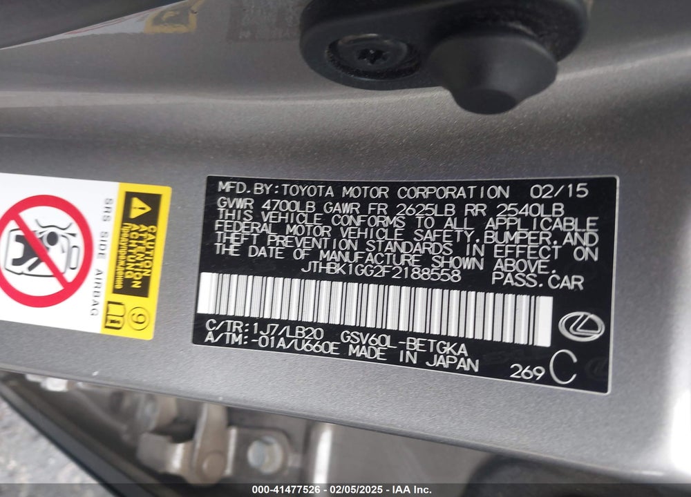 2015 LEXUS ES 350 VIN: JTHBK1GG2F2188558