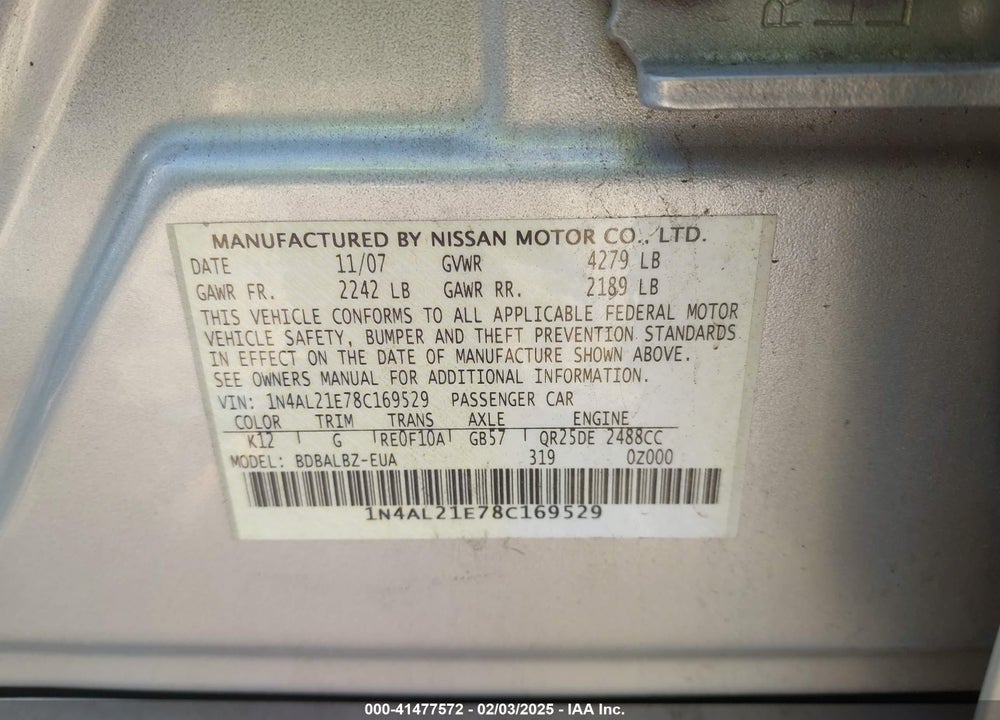 2008 NISSAN ALTIMA VIN: 1N4AL21E78C169529